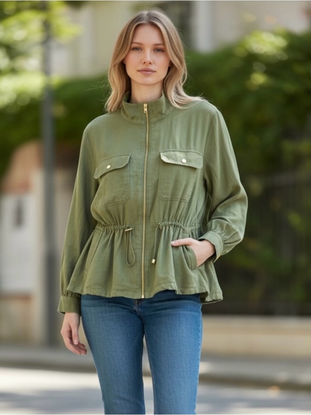 Marc New York Linen Viscose Balloon Sleeve Full Zip Utility Jacket Plus Size 2X